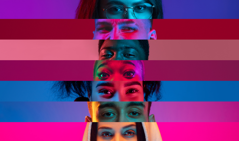 Collage of close-up male and female eyes isolated on colored neon backgorund